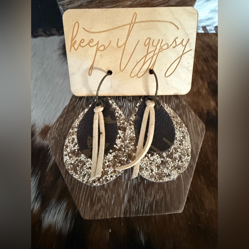 Keep It Gypsy Gold Glitter Cowhide Genuine Design Patch Tear Leather Earrings